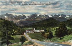 First View of Estes Park Village and Range on Big Thompson Highway, Rocky Mountain National Park Postcard