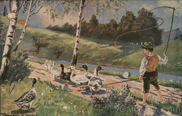 Boy Walking with Ducks Near Water Donadini Jr.