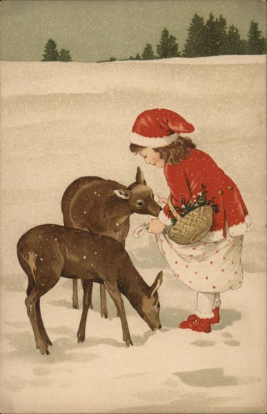 Art Deco Young Girl Petting Deer in the Snow Girls