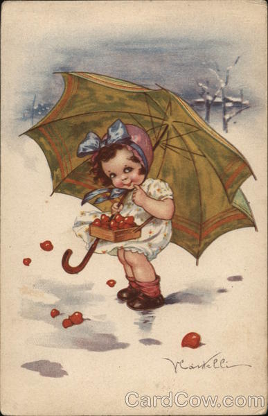 Art Deco Cute Little Girl with Basket and Umbrella
