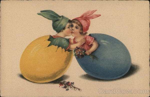 Two Children Coming Out of Easter Eggs Art Deco With Children