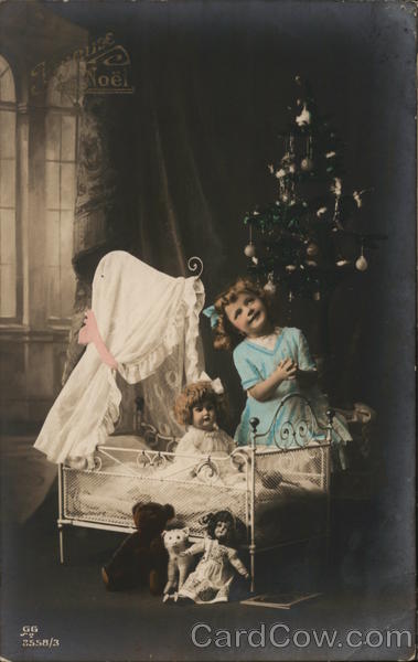 Girl Playing With Dolls Christmas Tree Children