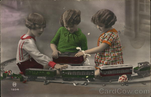 Little Girls Playing with Toy Train Art Deco