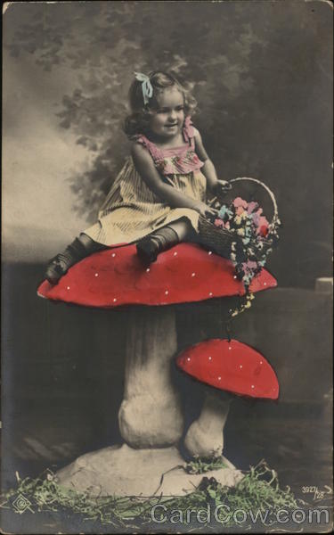 Art Little Girl Sitting Atop Mushroom Holds Flower Basket