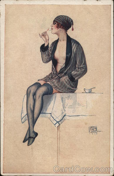 Art Deco Woman in Robe Smoking G. Leonnec Artist Signed