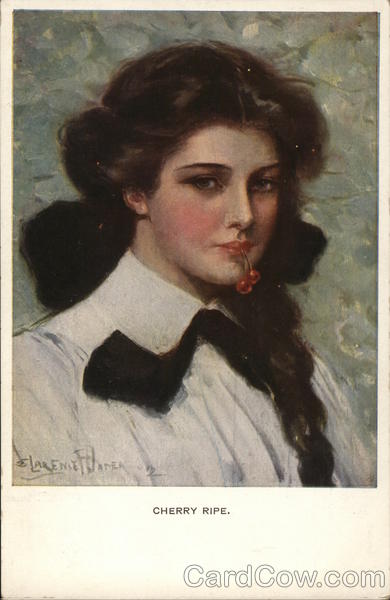 Cherry Ripe: Dark Haired Woman Holds Cherries In Her Lips