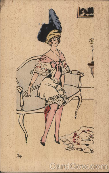 Art Deco Well Dressed Woman Sitting on Loveseat Zip