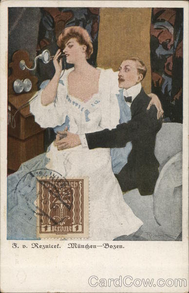 Couple Answering Phone Call Reznicek Artist Signed