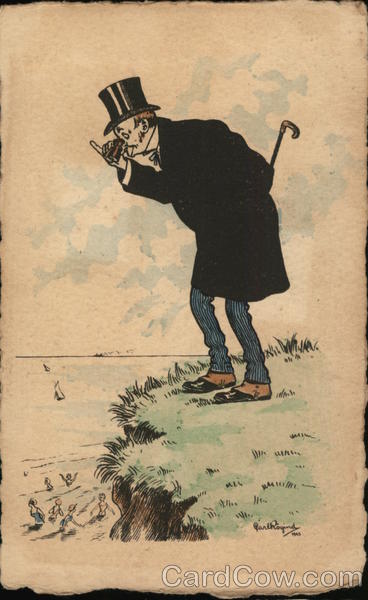 Man Peering Over Cliff to Beach Bathers Carl Røgind