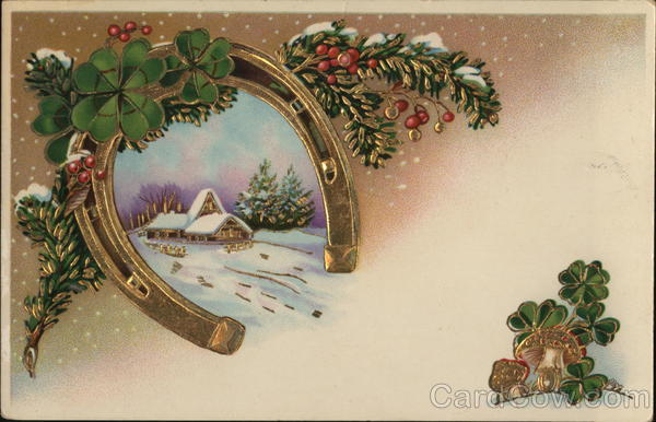 Winter Scene With Horseshoes & Shamrocks, Mushrooms