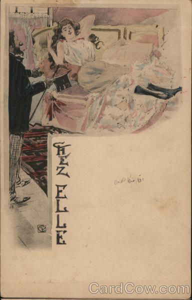 French Chez Elle on Bed Art Nouveau Artist Signed