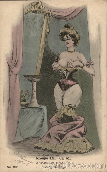 Woman Tight Corset Touching Her Chest G. Mouton Artist Signed