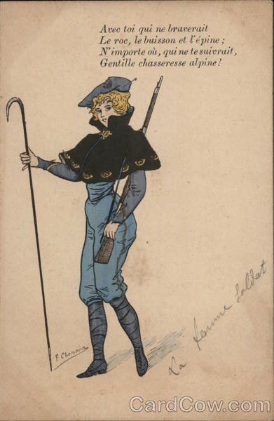 La Femme Soldat - Woman with Walking Stick and Rifle on Mountain