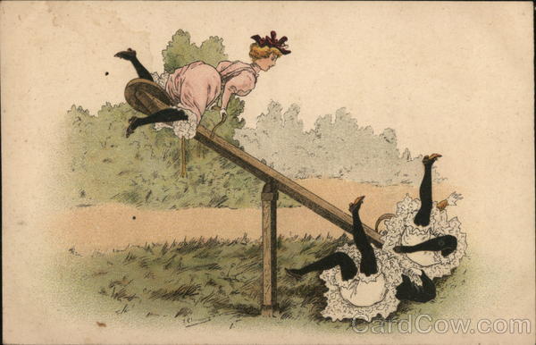 Women Playing on See Saw F. Chamouin Artist Signed