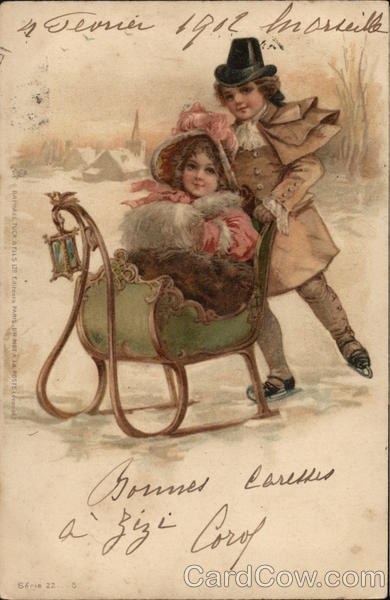 Boy Skating While Pushing Girl in Sled Children