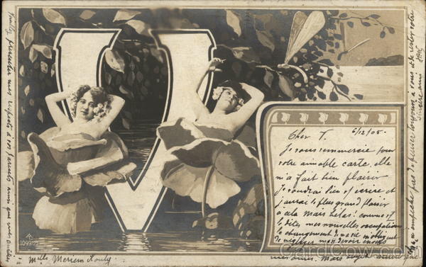 Letter V with Womem Emerging from Flowers Alphabet Letters