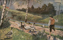 Boy Walking with Ducks Near Water Postcard Postcard