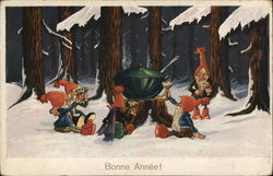 Art Deco Elves, Gnomes Toasting Around Fire Postcard