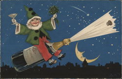 Child Riding Champagne Bottle Rocket Through Sky with Crescent Moon Children Postcard Postcard