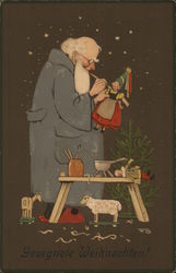 German Santa Making Toys: Gesegnete Weihnachten Santa Claus Postcard Postcard