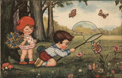 Boy and Girl Catching Butterflies Children Postcard Postcard