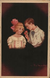 Boy Giving Girl Flowers Children Postcard Postcard
