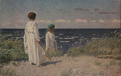Two Women in White Walking Near Sea Shore Postcard