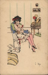 Woman in Underclothes Sitting in Chair - Art Deco Postcard