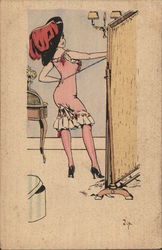 Art Deco Shapely Woman in Slip Wearing Large Hat Behind Partition Women Postcard Postcard