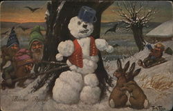 Gnomes Building Snowman Christmas Postcard Postcard