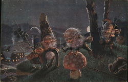 Rare Gnomes Hopping Mushrooms at Night Postcard