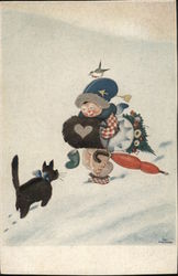 A child and a dog walking on the snow Children Postcard Postcard