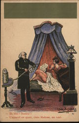 Woman in Bed Talking to Doctor Holding Hose Postcard