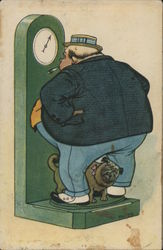 Large Man and Dog on Scale Fat People Postcard Postcard