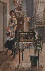 Woman and Child Cowering in Fear from Large Aquarium Fish Postcard