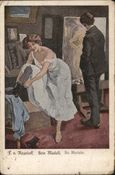 Sein Modell - Model Getting Dressed after Painting Postcard