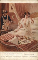 Woman in Bed on Phone, Maid Nearby Artist Signed Postcard Postcard