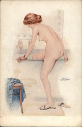 Woman Stepping Into Tub of Water Risque & Nude Suzanne Meunier Postcard Postcard Postcard