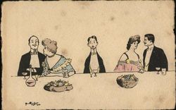 Single Man at Table With Couples Artist Signed Postcard Postcard