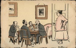 A Woman Walking in on Men Playing Cards Postcard