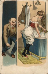 Man Peeping on Woman Preparing Bath Postcard