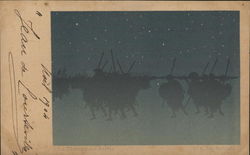 La Marche a l'Etoile Soldiers Marching in Dark Postcard