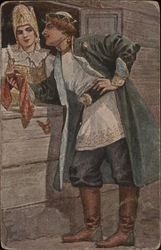 Man Courting Woman Through Window Postcard