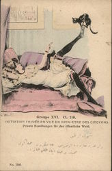 Woman Laying on Couch Holding Cat Up with Foot Postcard