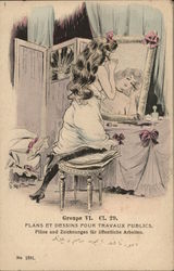 Woman Putting on Makeup at Dressing Table Postcard