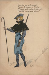 La Femme Soldat - Woman with Walking Stick and Rifle on Mountain Postcard