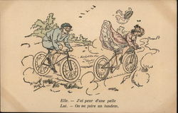 Couple Biking - Woman's Skirt Flies Up Bicycles Postcard Postcard
