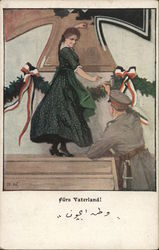 Soldier Reaching Upward to Woman Atop Steps World War I Postcard Postcard