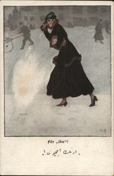 Smiling Woman Walking Through Snow Carrying Package Postcard