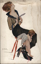 Woman Pierced With Cupid's Arrow "Ins Herz getroffen." Artist Signed Postcard Postcard